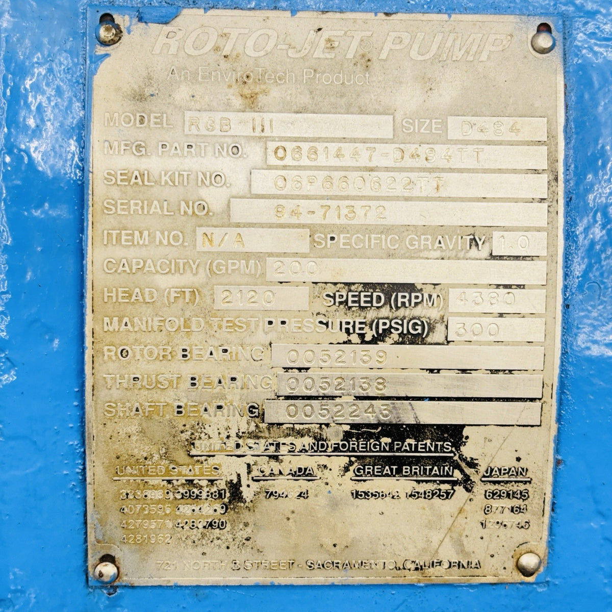 Roto-Jet RGBB484 D484 nameplate