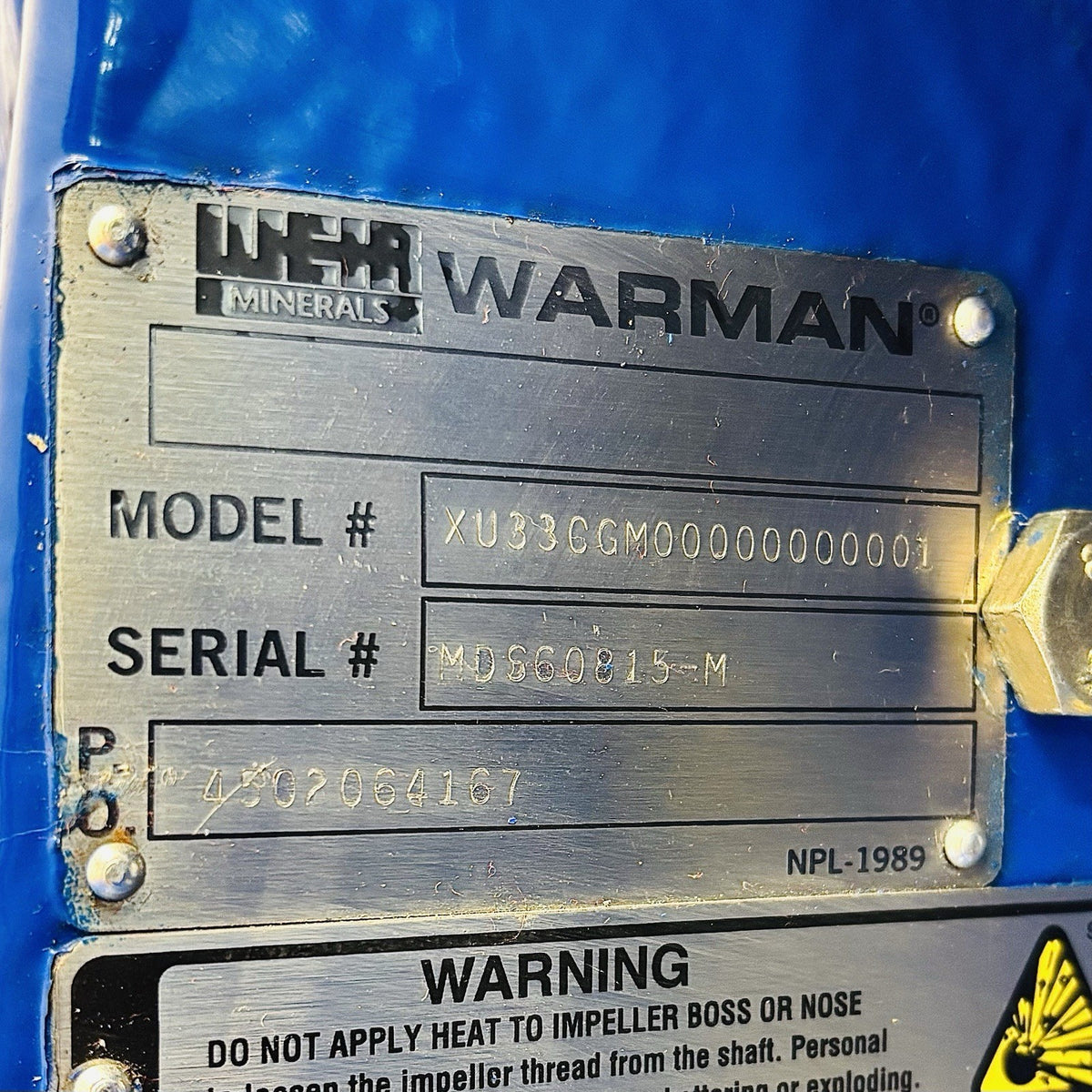Warman XU33CGM00000000001 3x3 nameplate