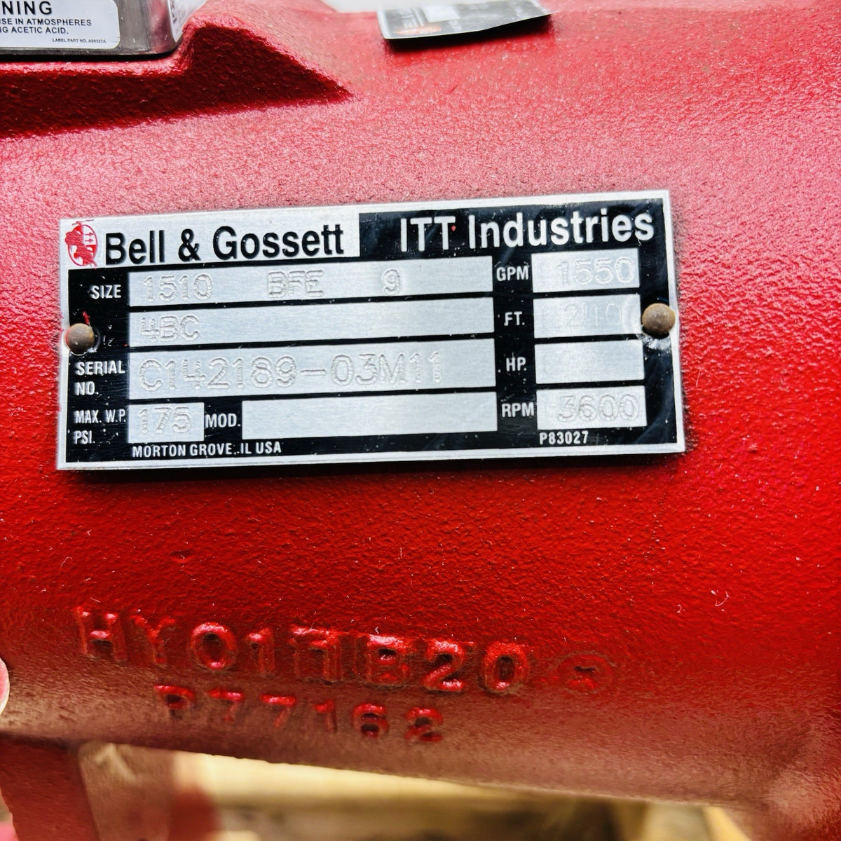 Bell & Gossett 1510 Centrifugal Pump equipment nameplate