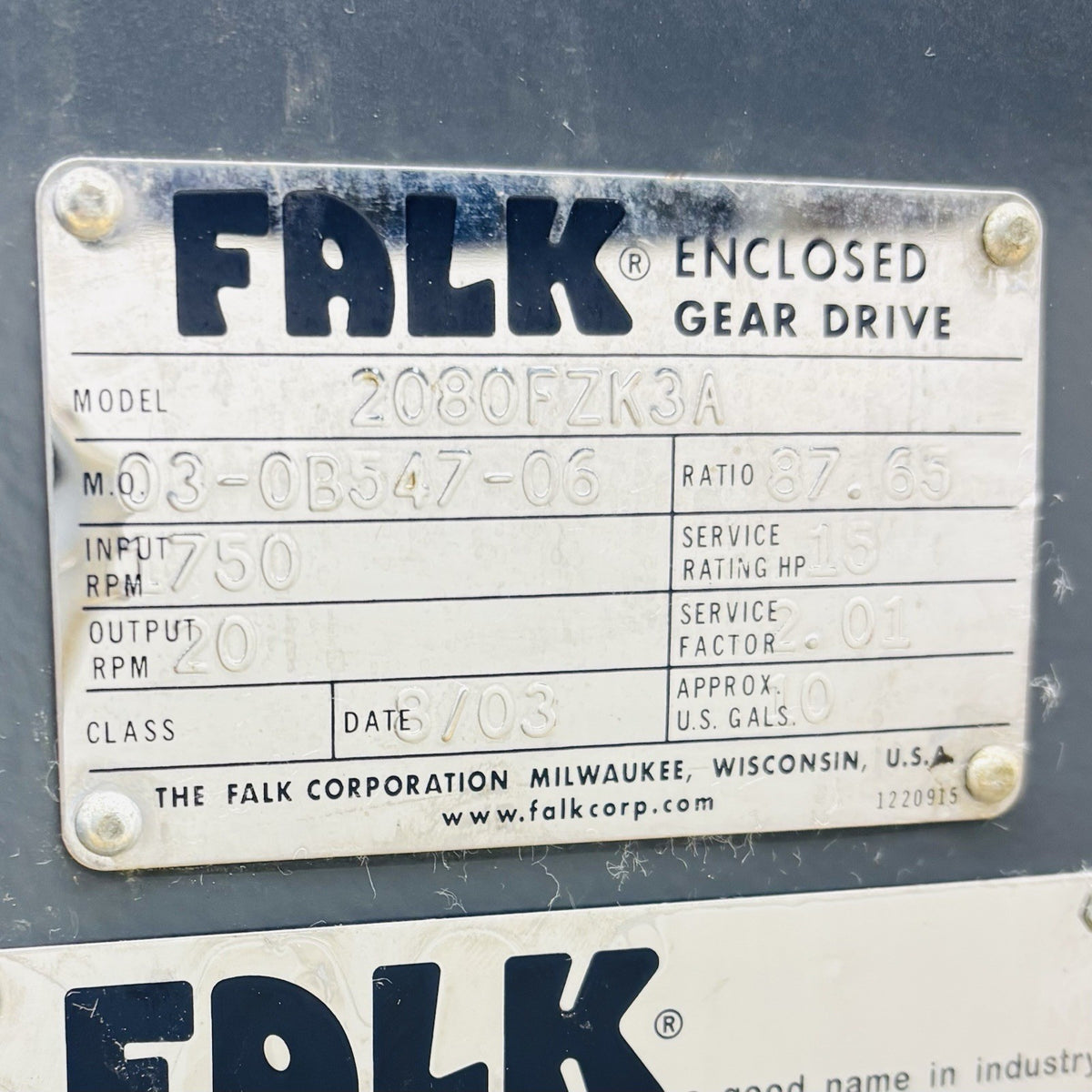 Falk 2080FZK3A Gear Drive equipment nameplate