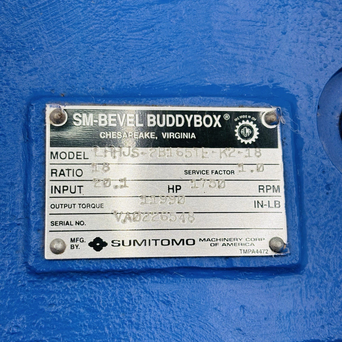 Sumitomo LHHJS-2B165TE-K2-18 nameplate