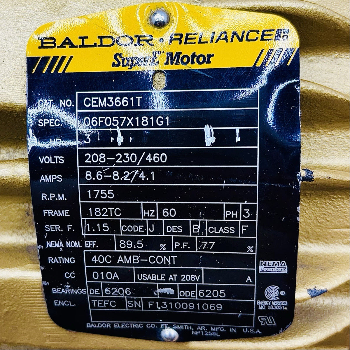 Baldor Reliance CEM3661T Super-E Motor equipment nameplate