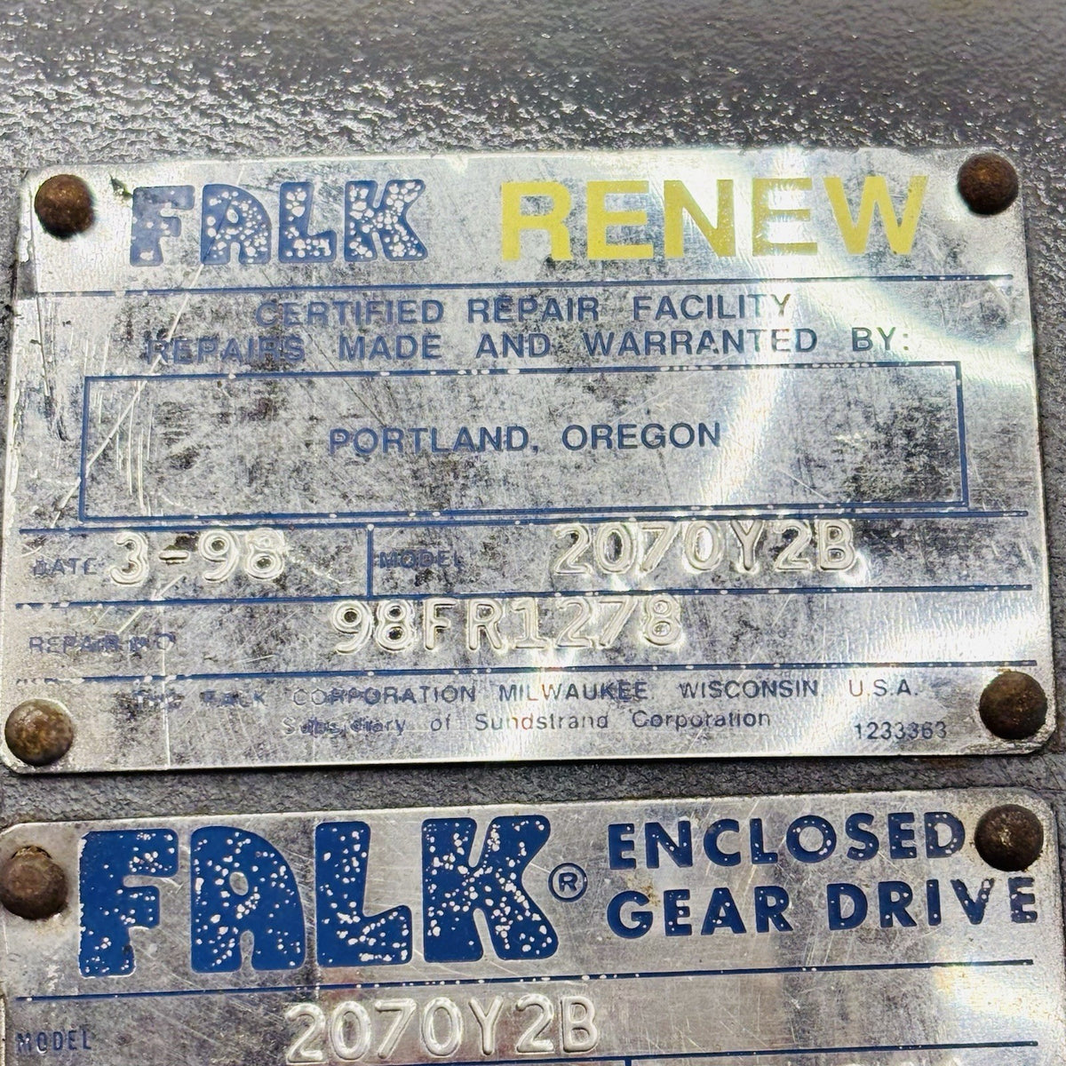 Falk 2070Y2B Gear Drive equipment nameplate