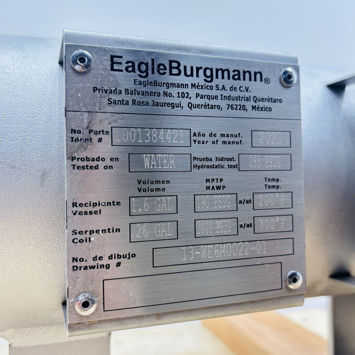 EagleBurgmann 1001384421 Pressure Vessel equipment nameplate