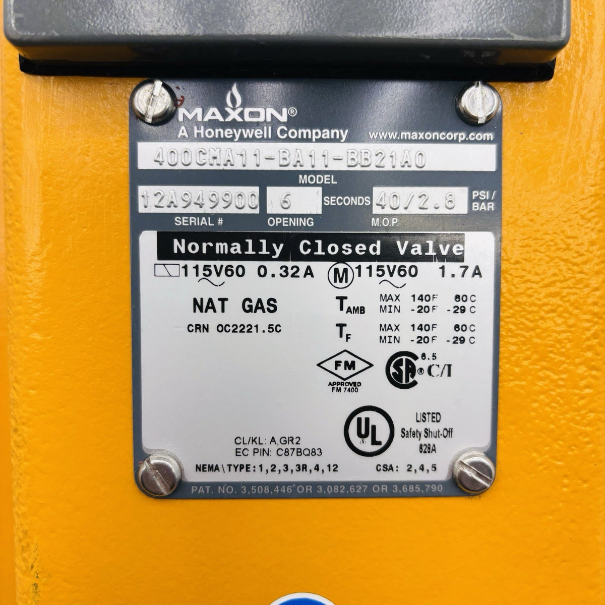 Maxon 400CMA11-BA11-BB21A0 Gas Shutoff Valve equipment nameplate