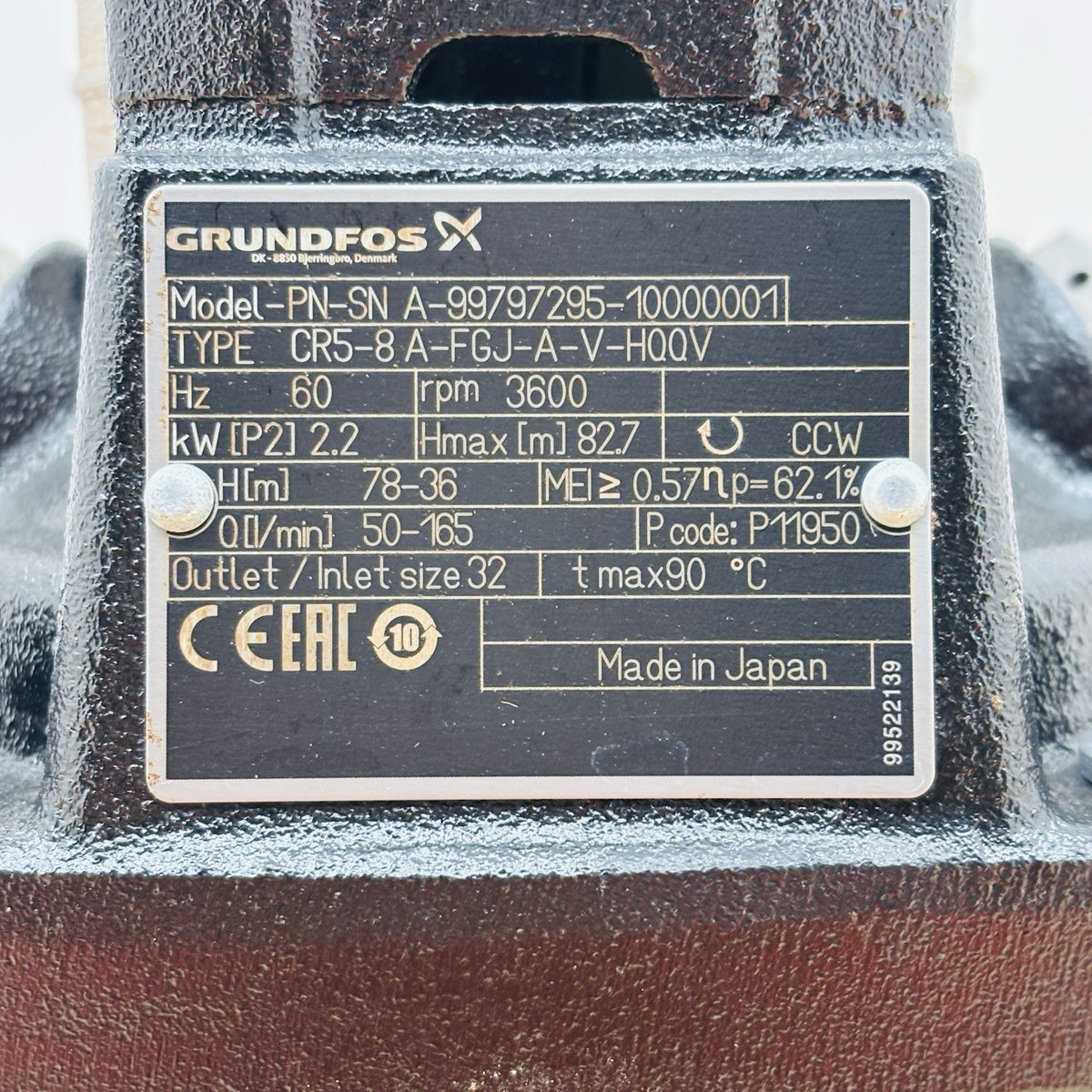 Grundfos CR5-8 Multistage Pump equipment nameplate