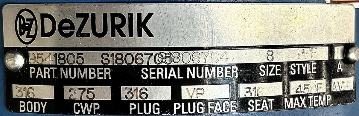 DeZurik 9541805 8 in nameplate