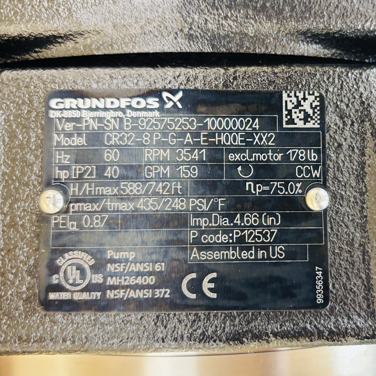 Grundfos CR32-8 P-G-A-E-HQQE-XX2 nameplate
