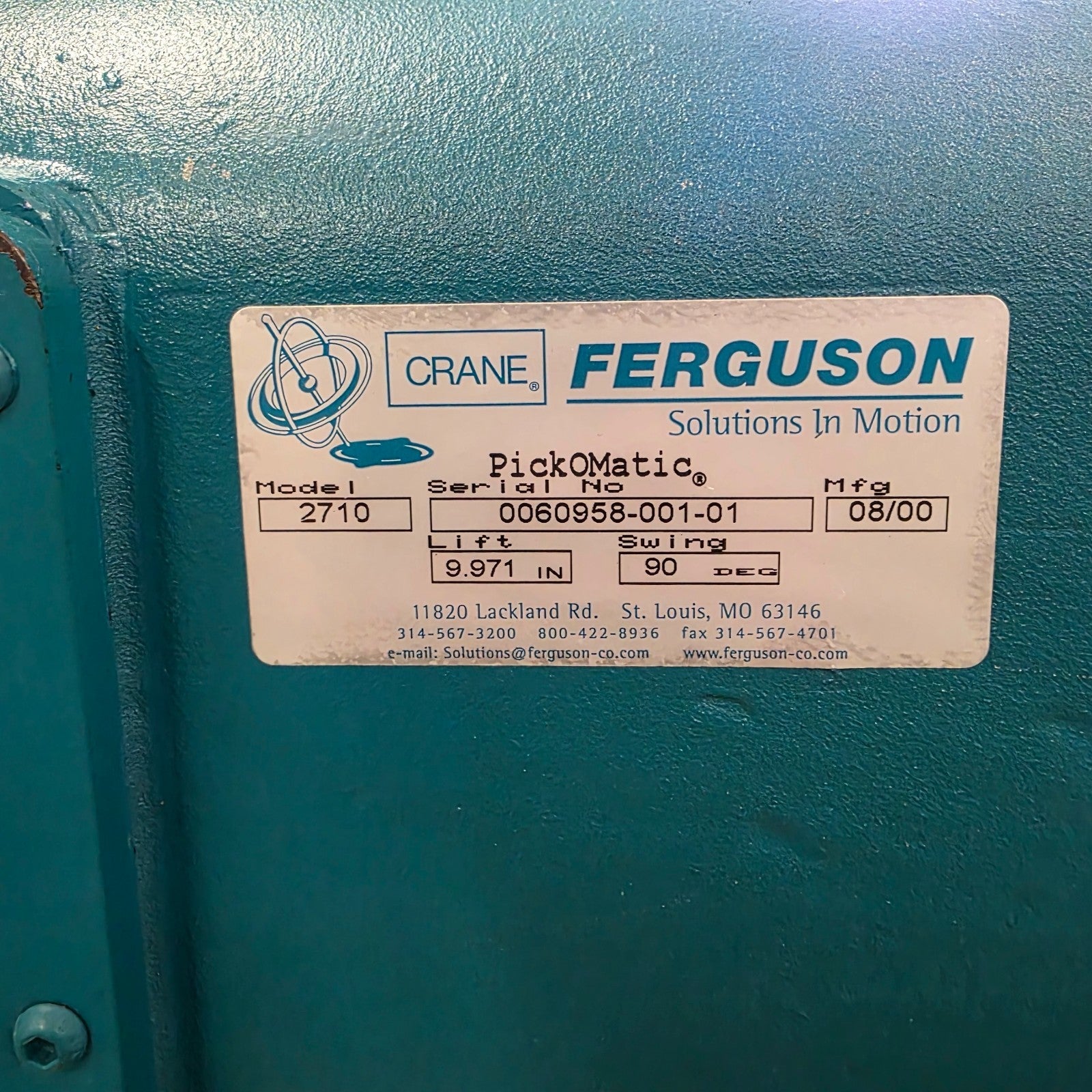Crane Ferguson PickOMatic 2710 nameplate data plate