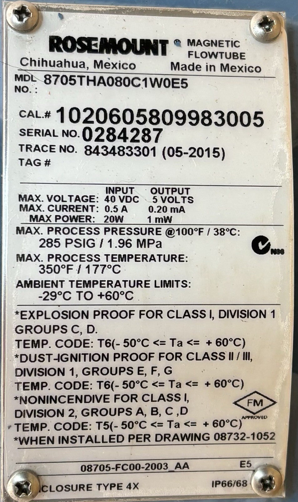 Rosemount 8705THA080C1W0E5 Magnetic Flowtube equipment nameplate