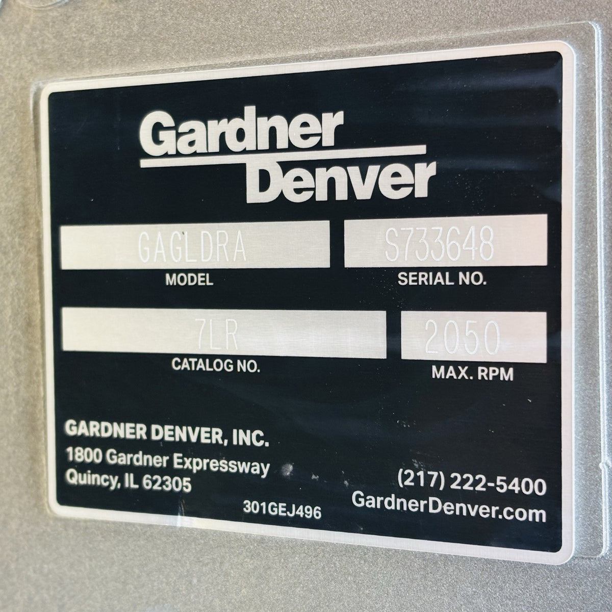 Gardner Denver 7LR GAGLDRA 7 in gear diameter nameplate