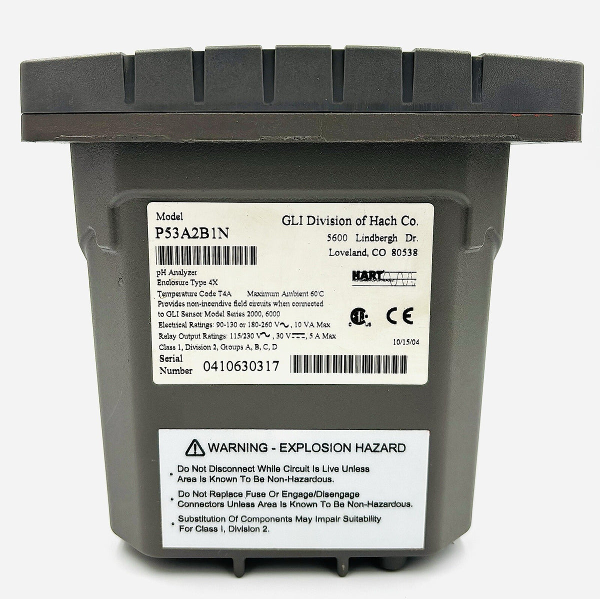 GLI P53A2B1N pH Analyzer equipment nameplate