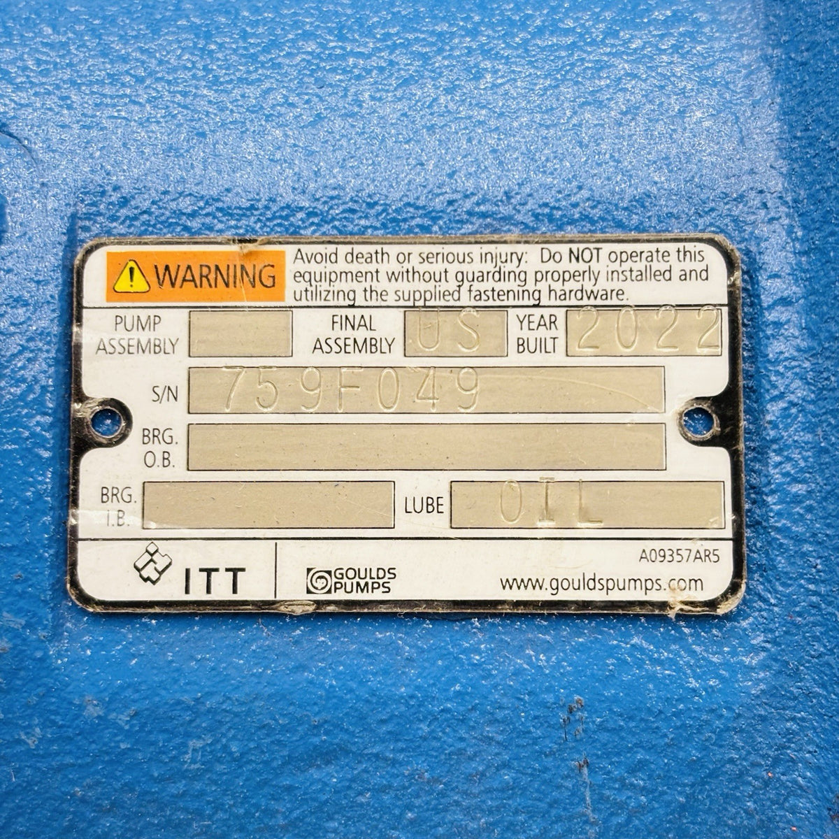 Goulds 3196 MTi 2x3-13 data tag