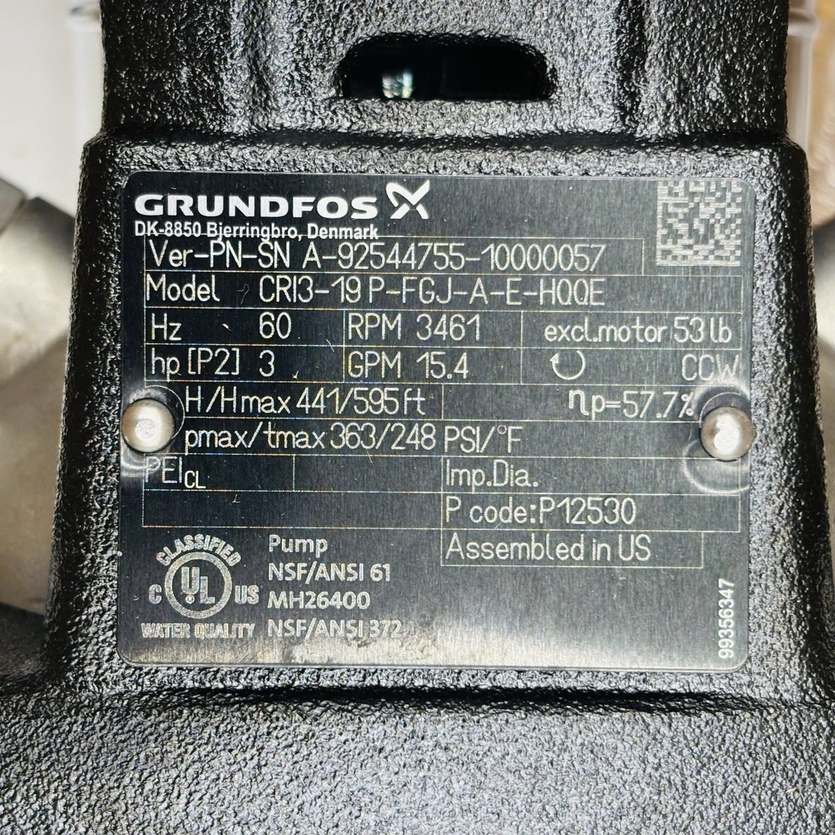 Grundfos CRI3-19 Multistage Pump equipment nameplate