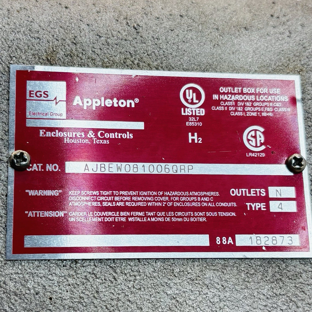 Appleton AJBEW081006QRP Explosion-Proof Junction Box equipment nameplate