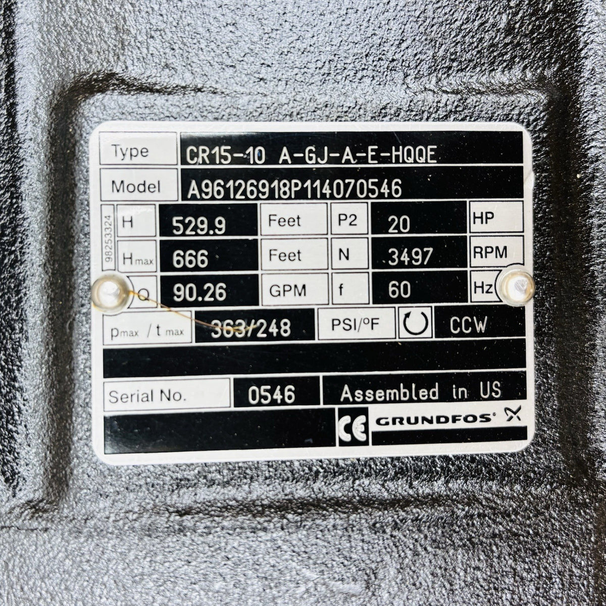 Grundfos CR15-10 Multistage Pump equipment nameplate