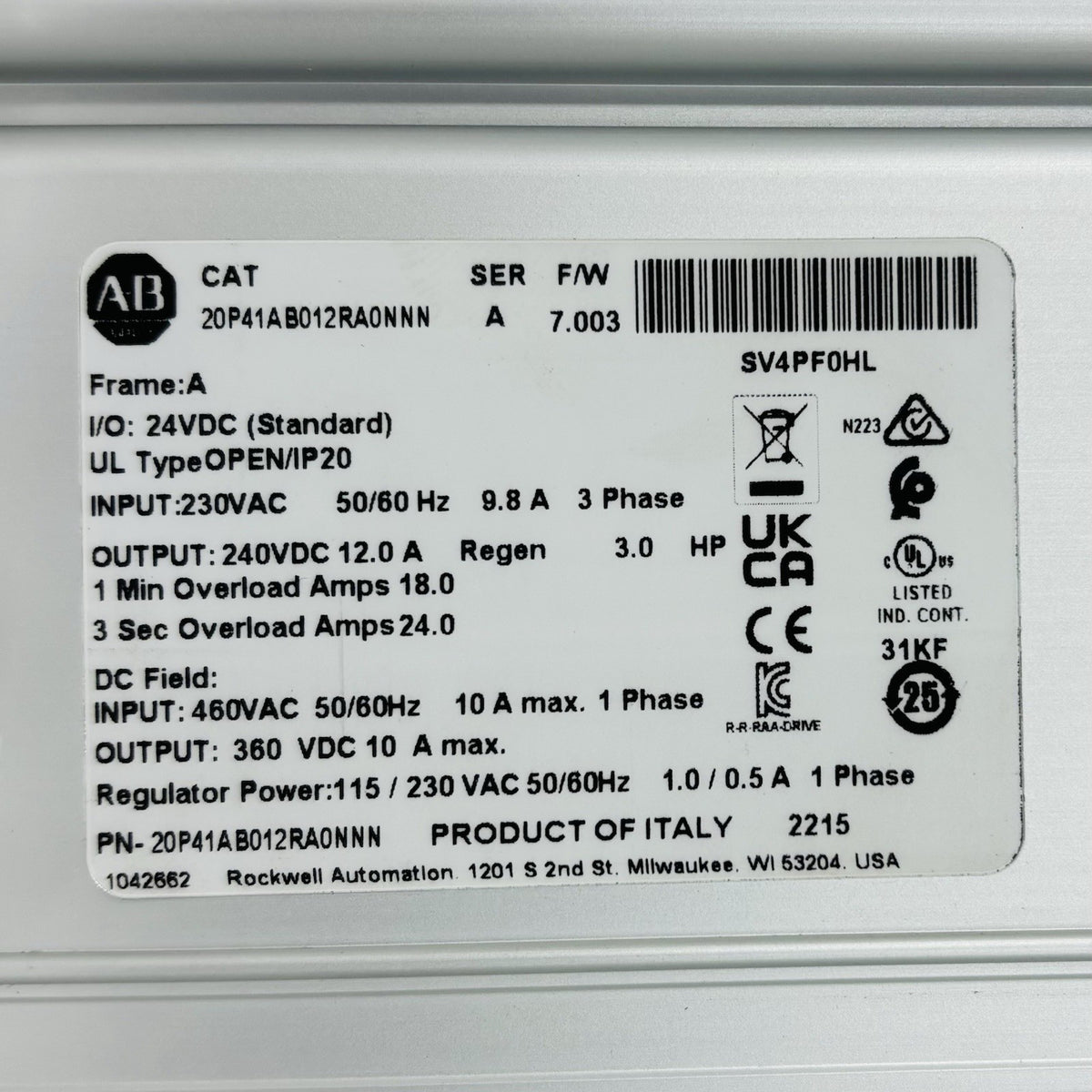 Allen-Bradley 20P41AB012RA0NNN nameplate