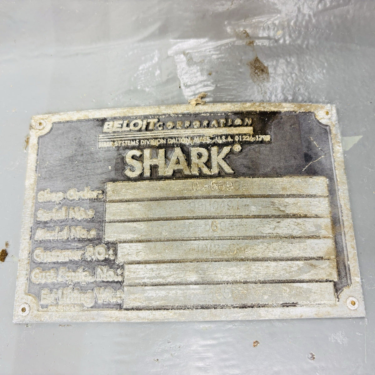 Beloit Shark 3696 / D54-201024 nameplate