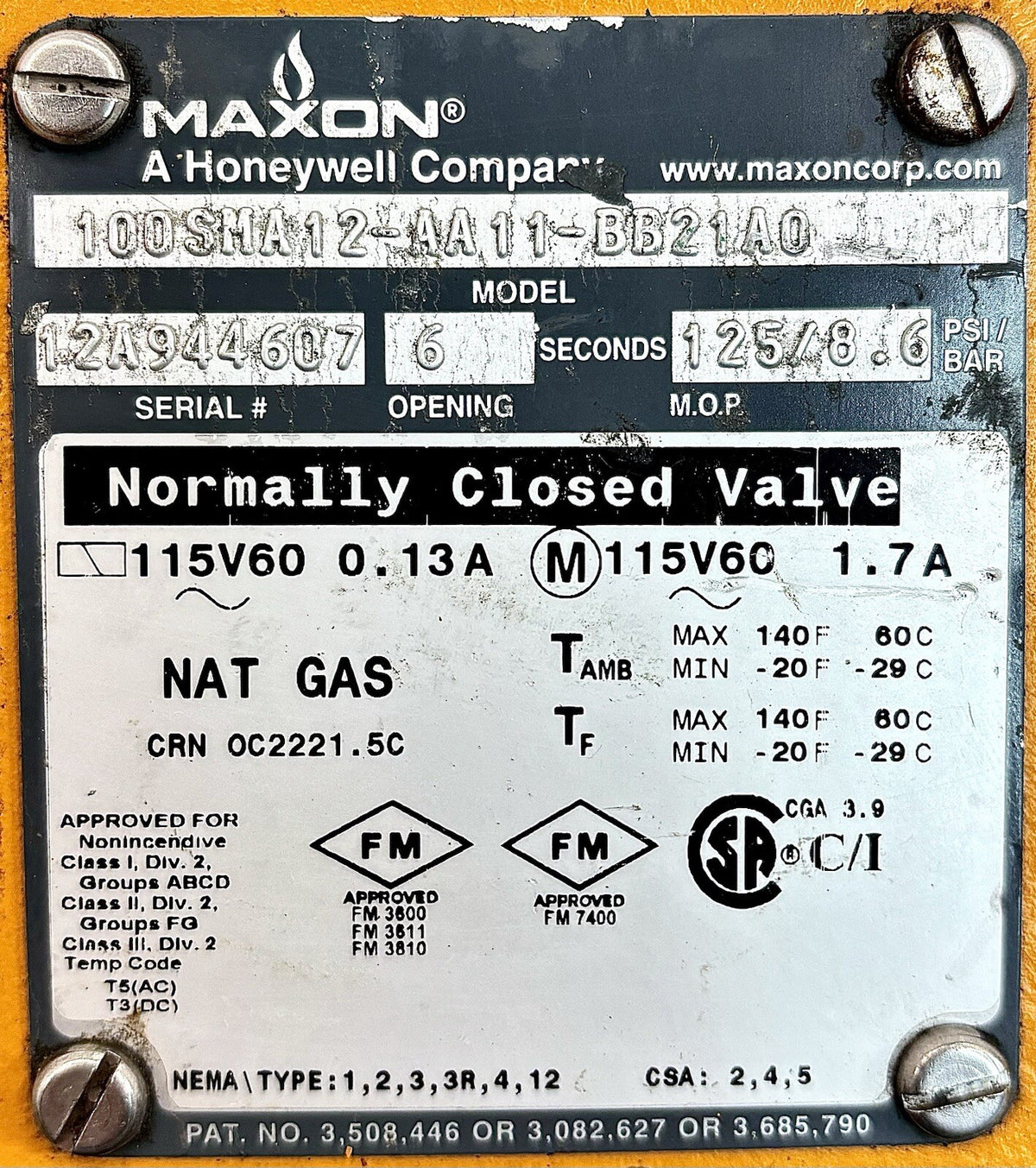 Maxon 100SMA12-AA11-BB21A0 Gas Shutoff Valve equipment nameplate
