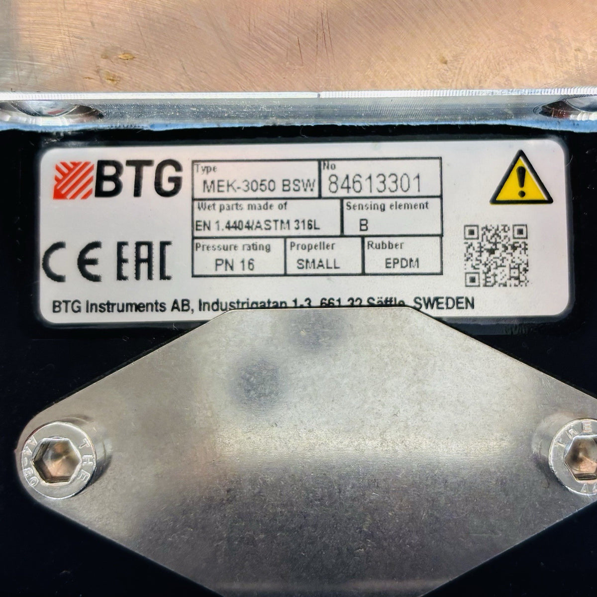 BTG MEK-3050 BSW Consistency Transmitter equipment nameplate