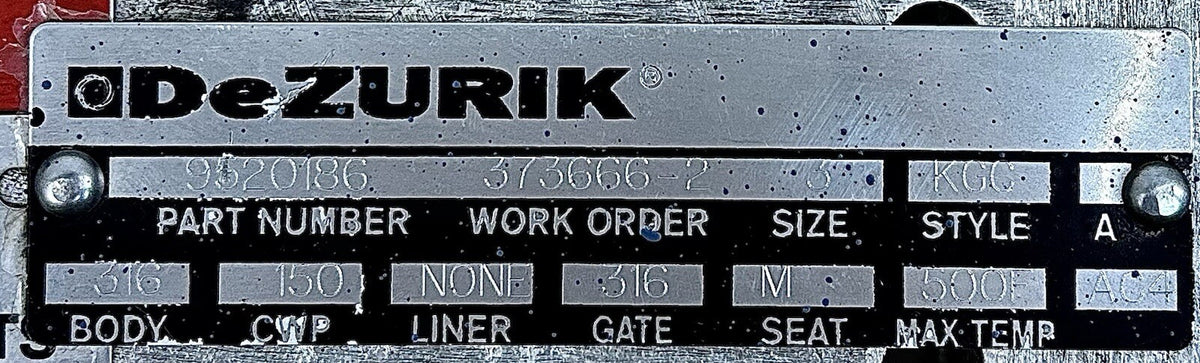 DeZURIK KGC Knife Gate Valve equipment nameplate
