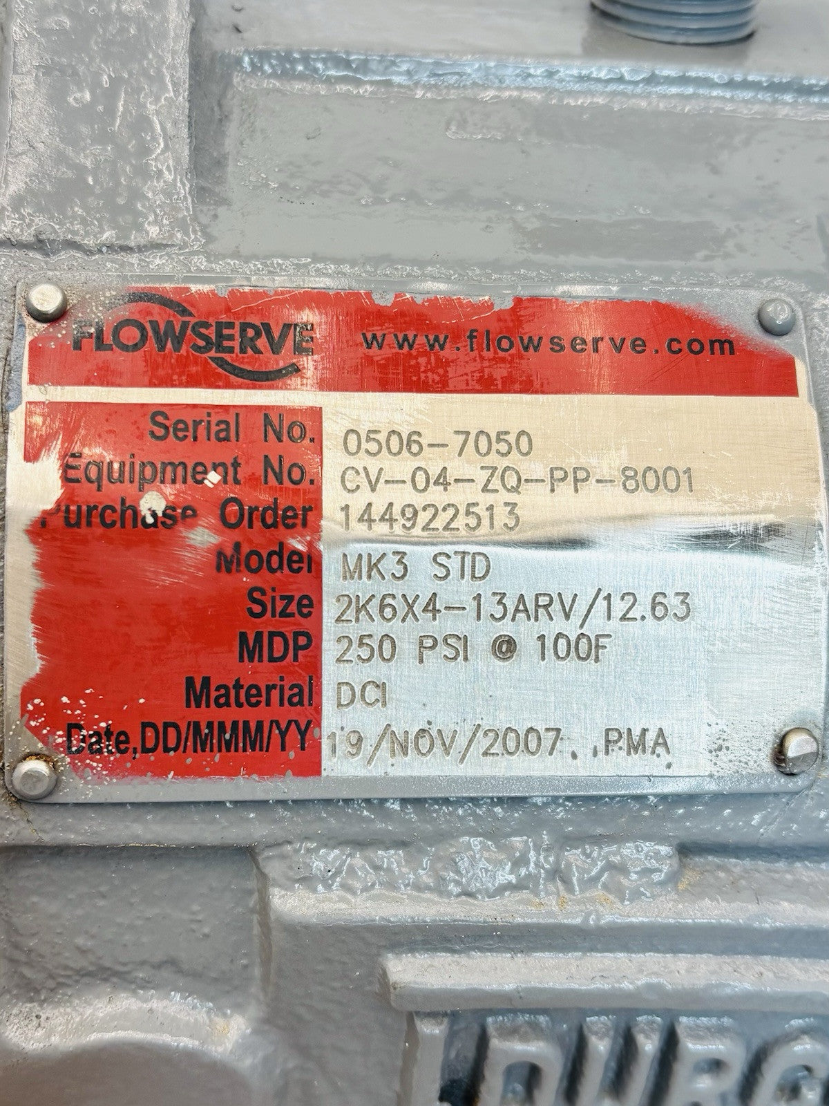 Durco MK3 STD Centrifugal Pump equipment nameplate