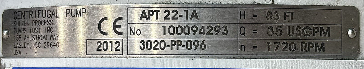 Sulzer APT22-1A Centrifugal Pump equipment nameplate