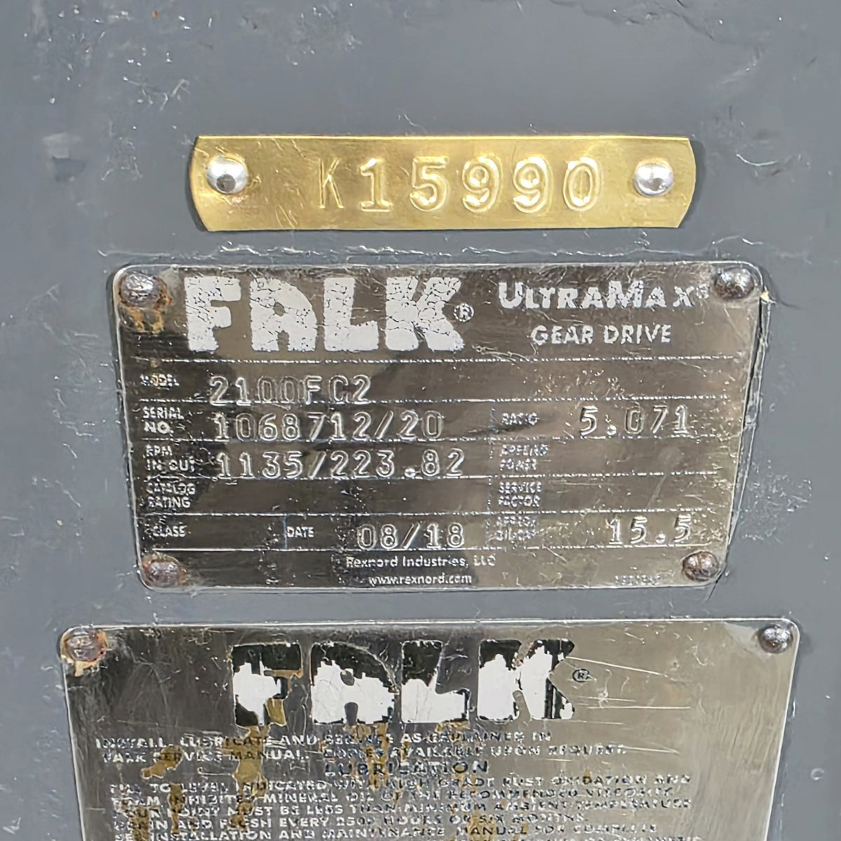 Falk UltraMax 2100FC2 nameplate showing model and serial