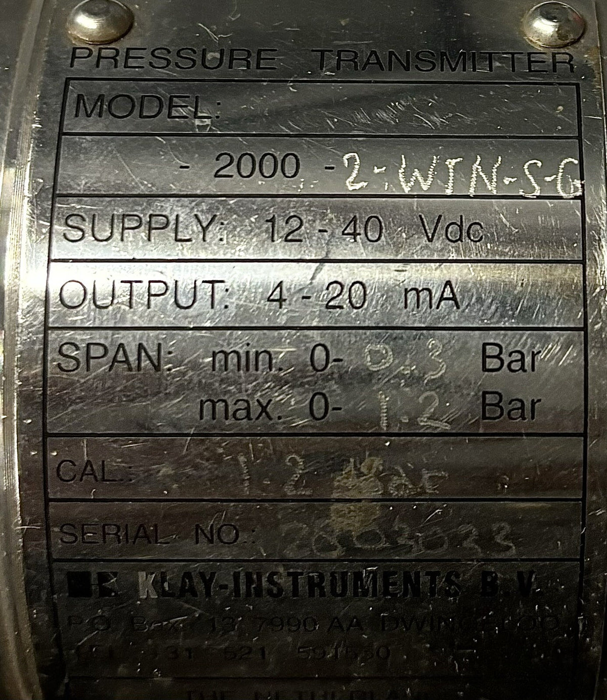 Klay Instruments 2000-2-WIN-S-G Pressure Transmitter equipment nameplate