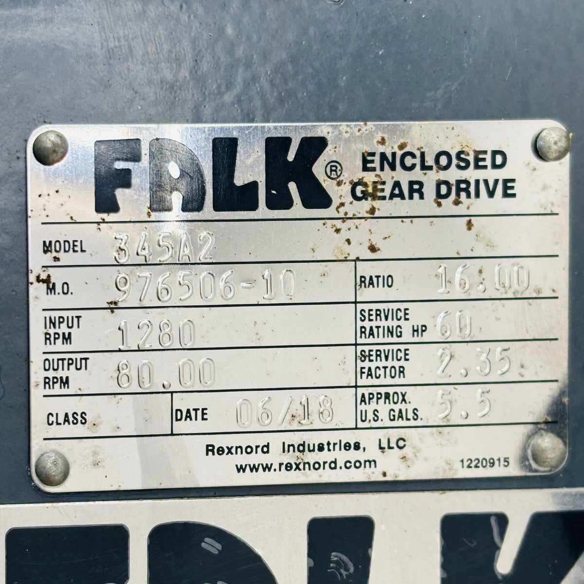 Falk 345A2 Gear Drive equipment nameplate