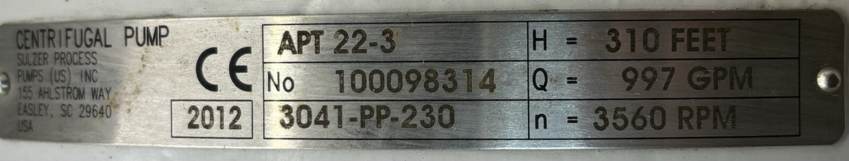 Sulzer Ahlstrom APT 22-3 6x3-11 nameplate