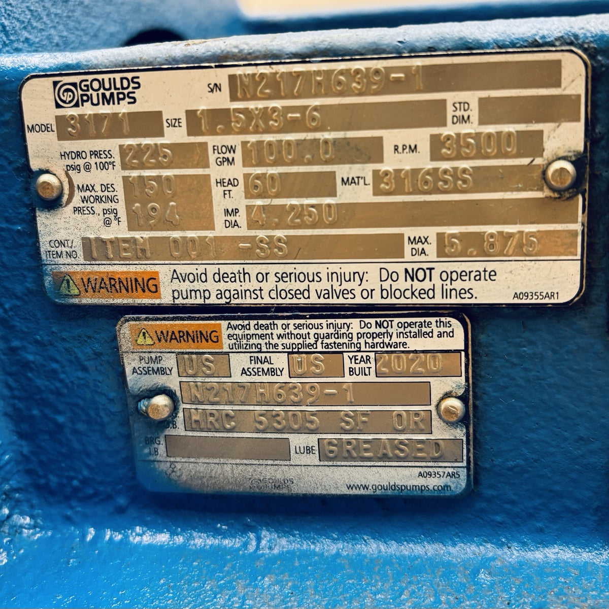 Goulds 3171 Sump Pump equipment nameplate