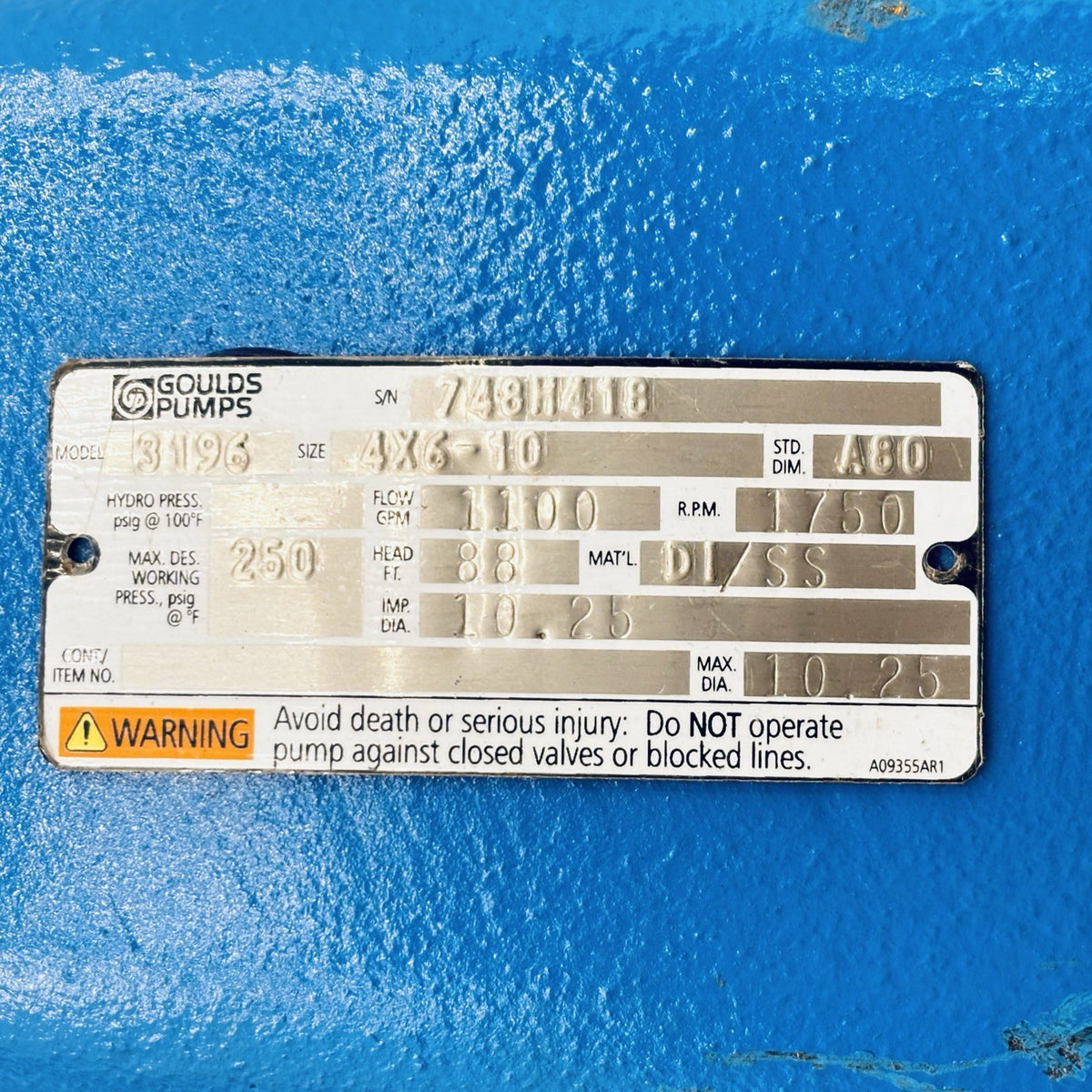 Goulds 3196 Centrifugal Pump equipment nameplate