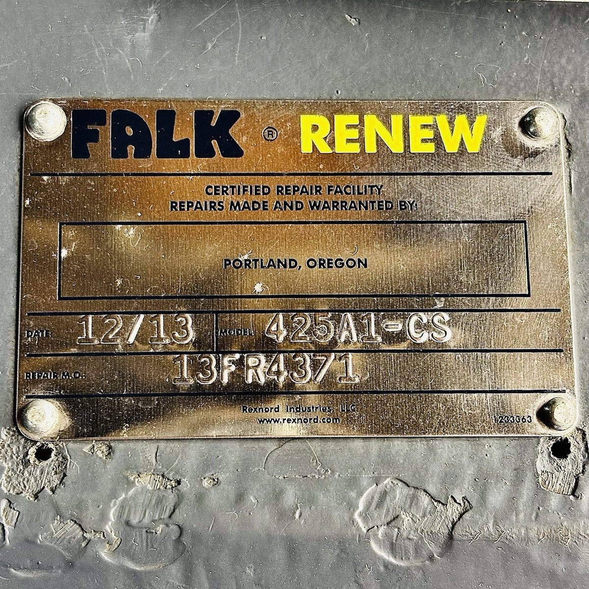 Falk 425A1-CS Gear Drive equipment nameplate