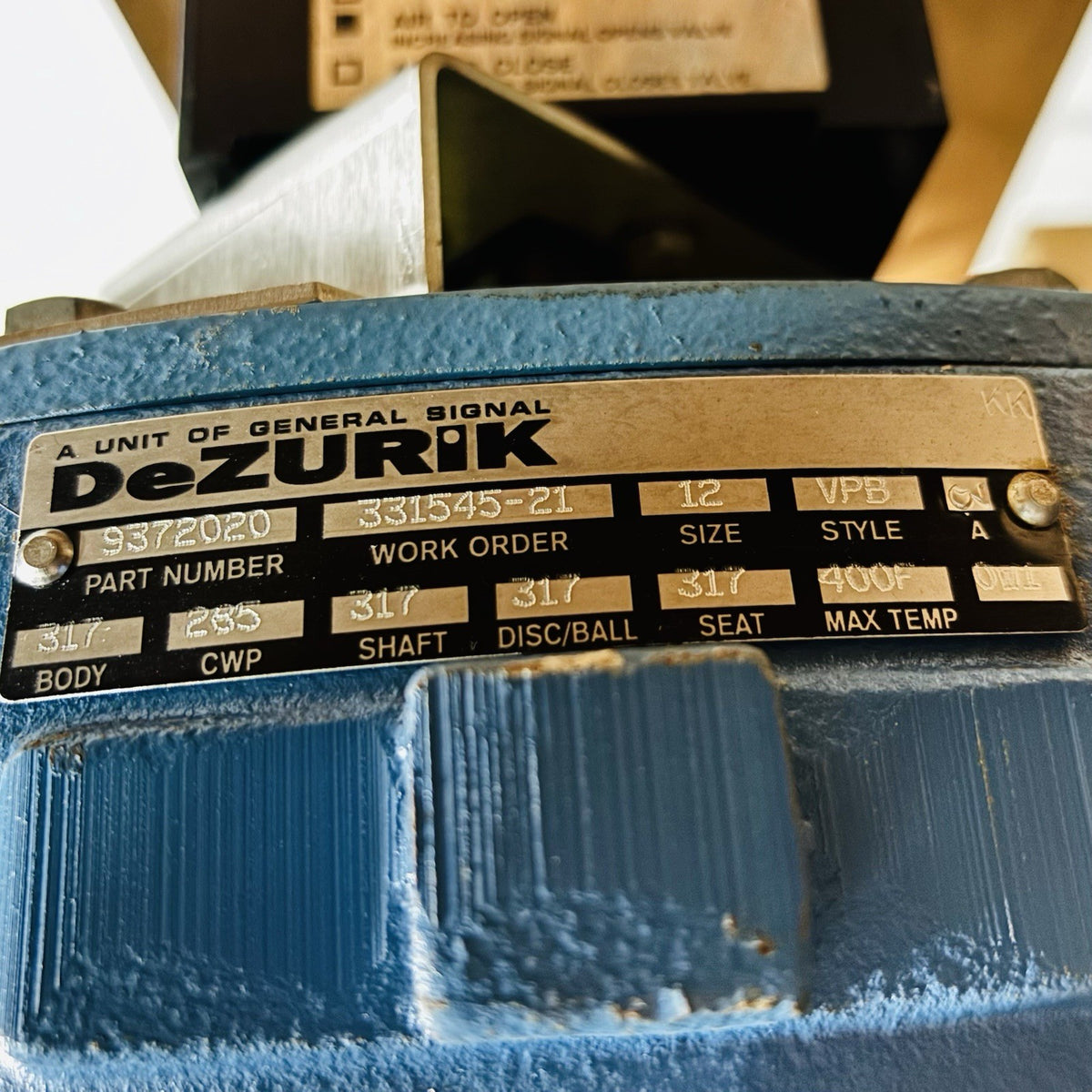 DeZURIK 9372020 12 in nameplate