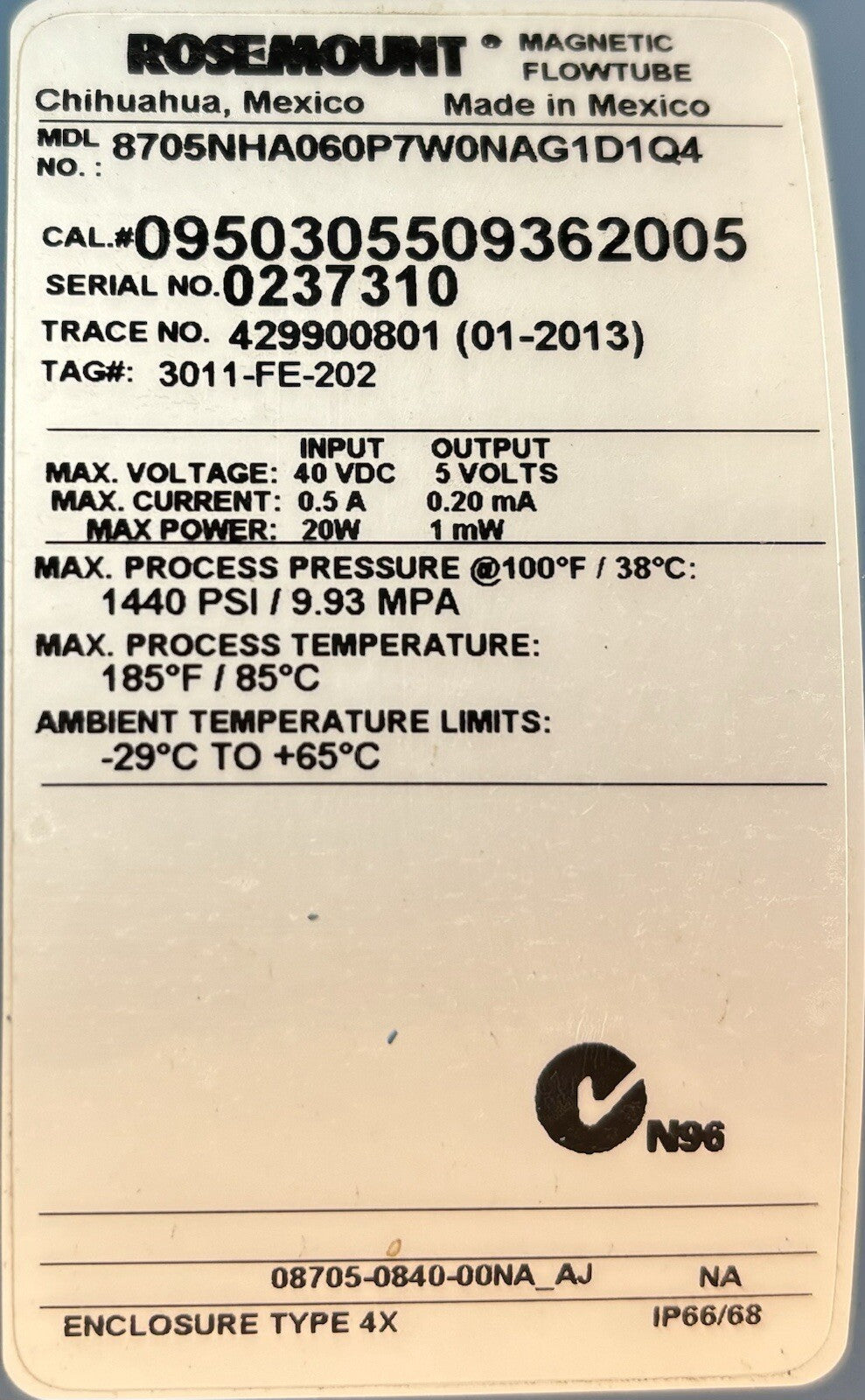 Rosemount 8705HNA060P7W0NAG1D1Q4 Magnetic Flowtube equipment nameplate