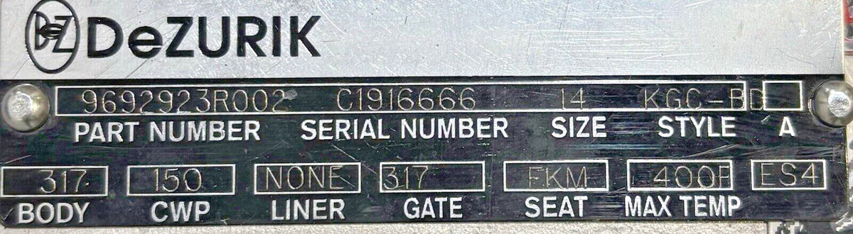 DeZurik KGC-BD nameplate
