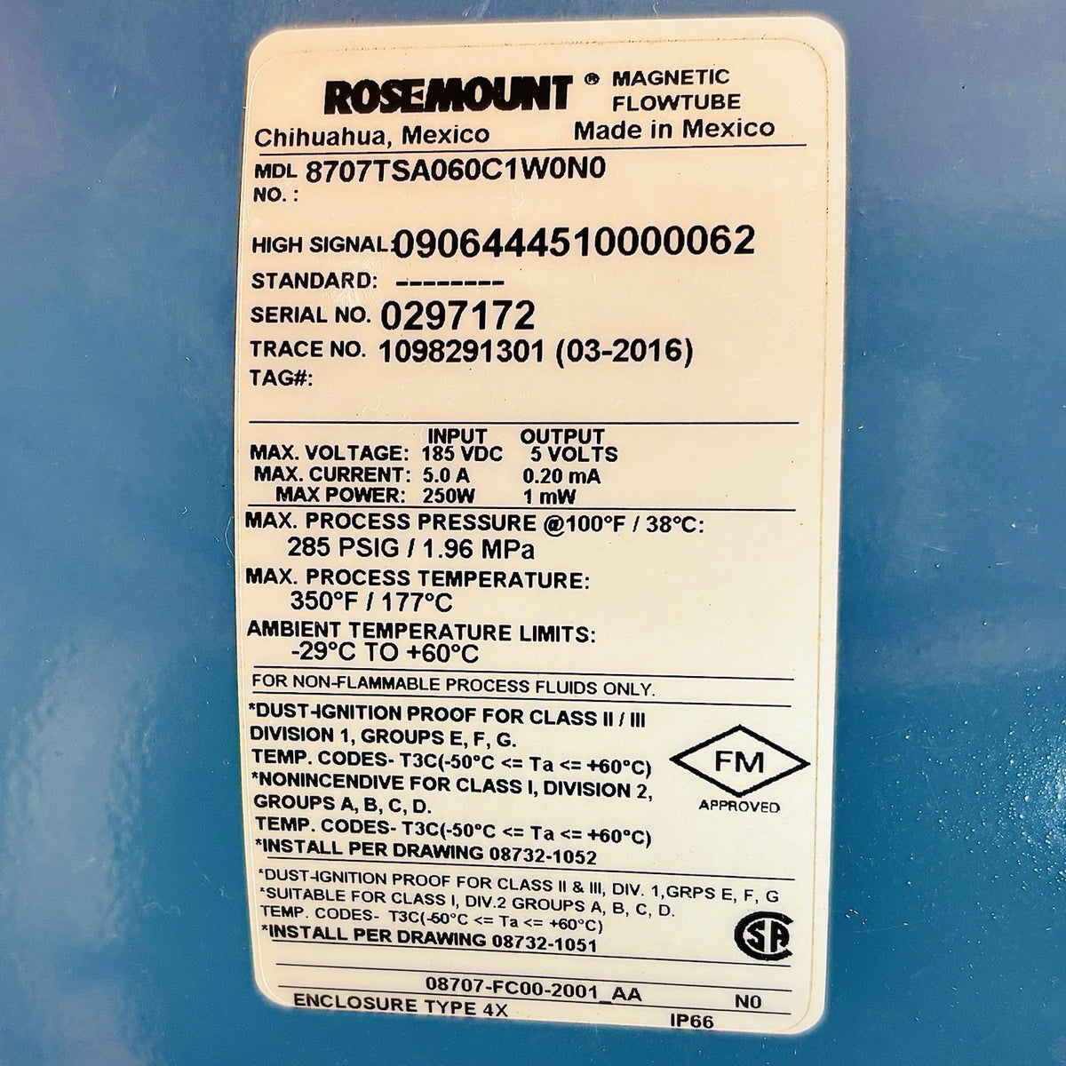 Rosemount 8707TSA060C1W0N0 6 in nameplate