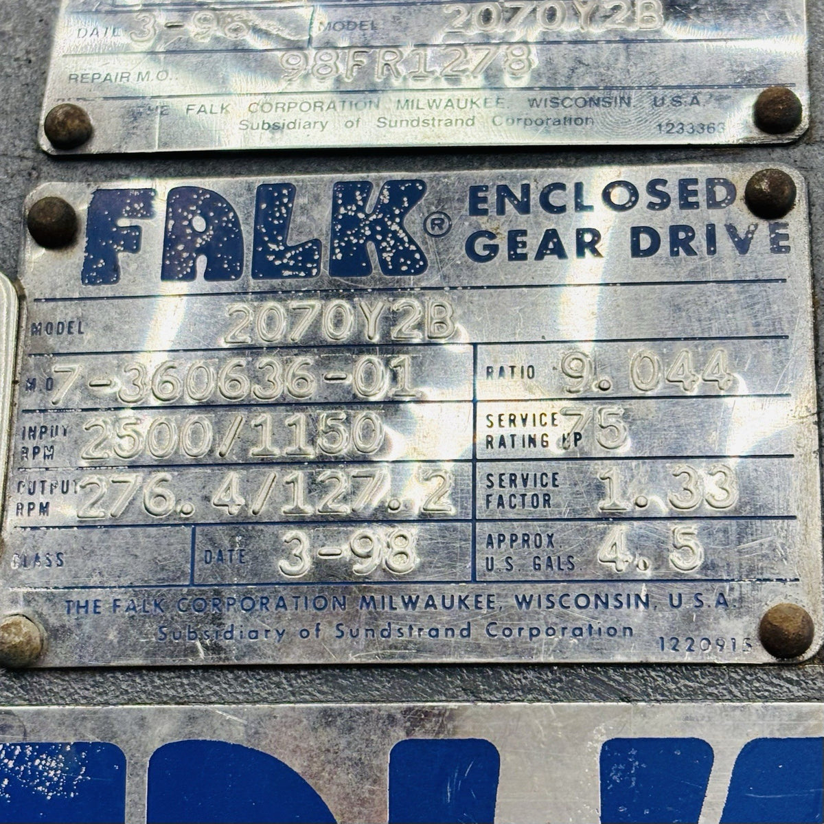 Falk 2070Y2B Gear Drive equipment nameplate