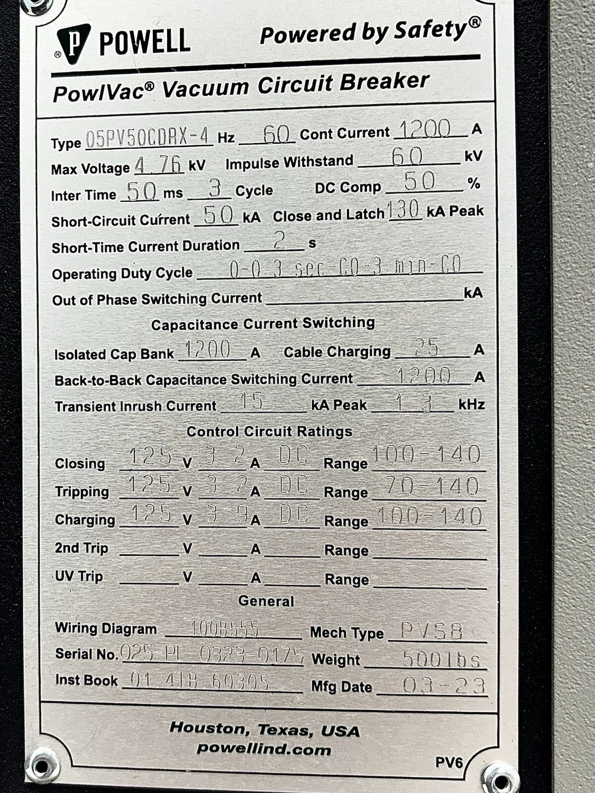 Powell 05PV50CDRX-4 Vacuum Circuit Breaker equipment nameplate