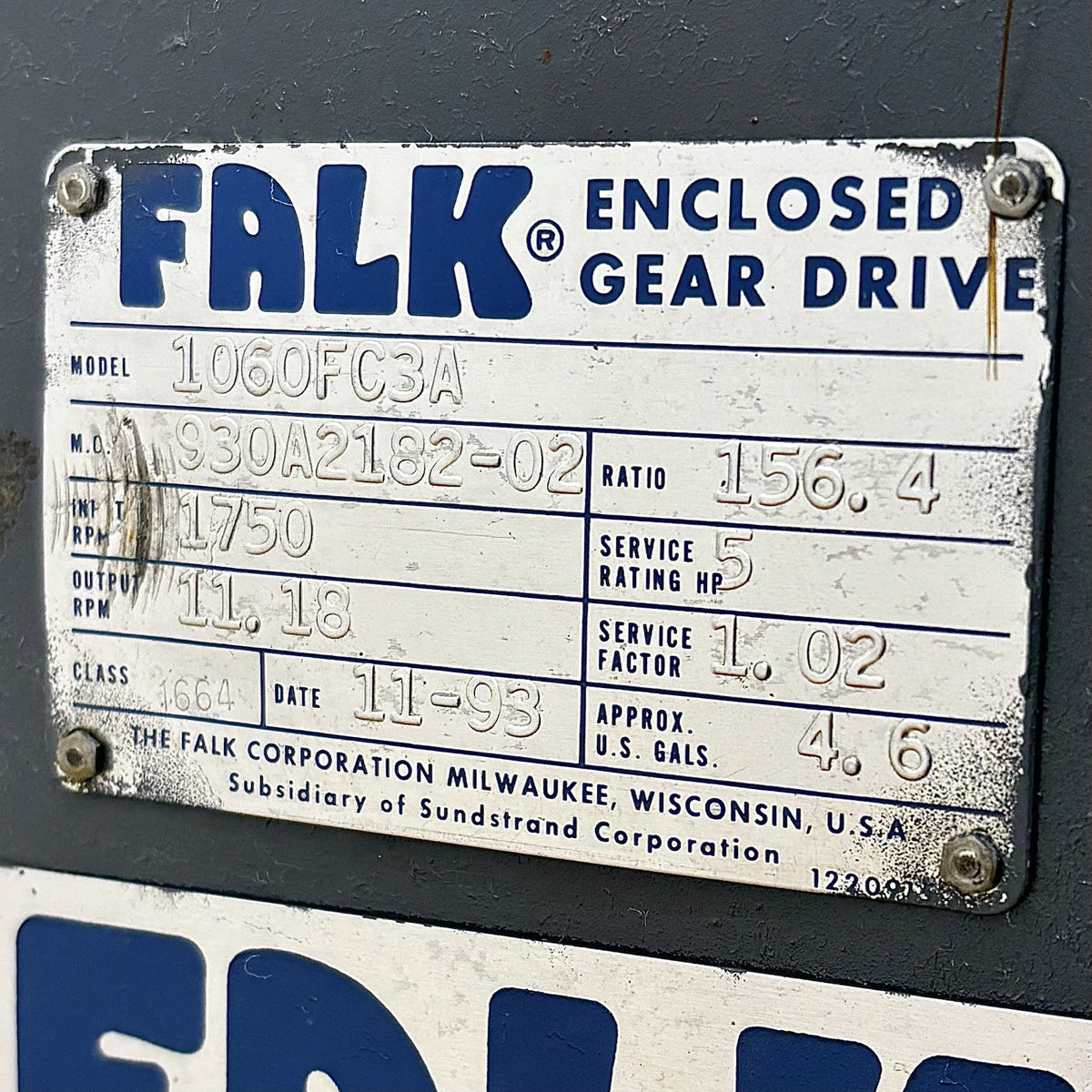Falk 1060FC3A Gear Drive equipment nameplate