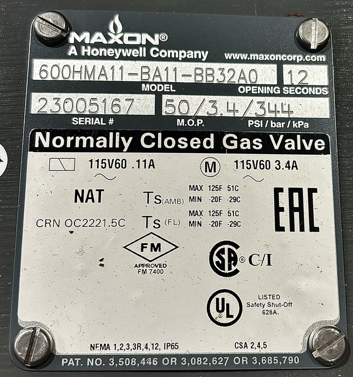 Maxon 600HMA11-BA11-BB32A0 Gas Shutoff Valve equipment nameplate