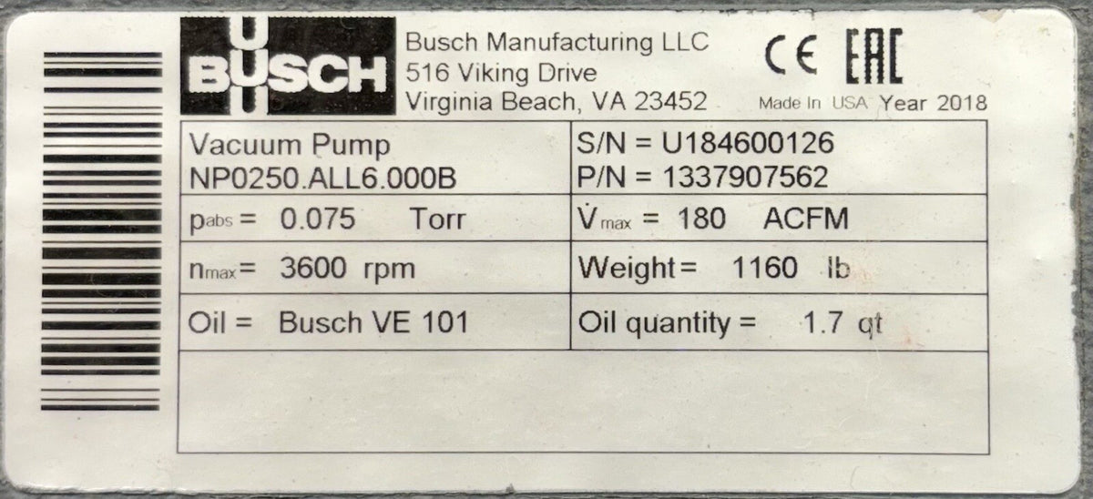 Busch NP0250ALL6000B nameplate