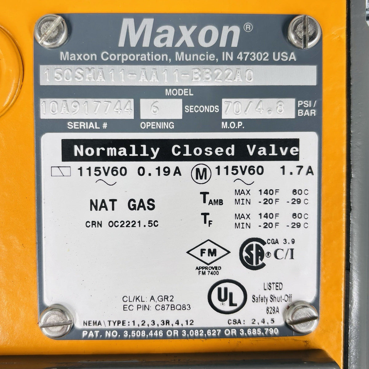 Maxon 150SMA11-AA11-BB22A0 Gas Shutoff Valve equipment nameplate