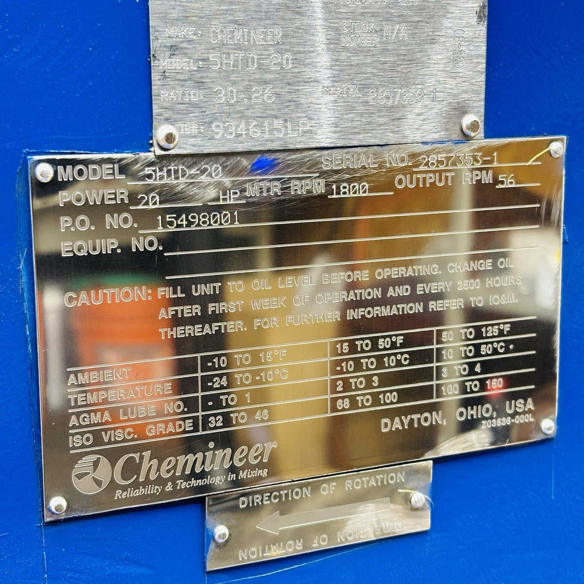 Chemineer 5HTD-20 nameplate