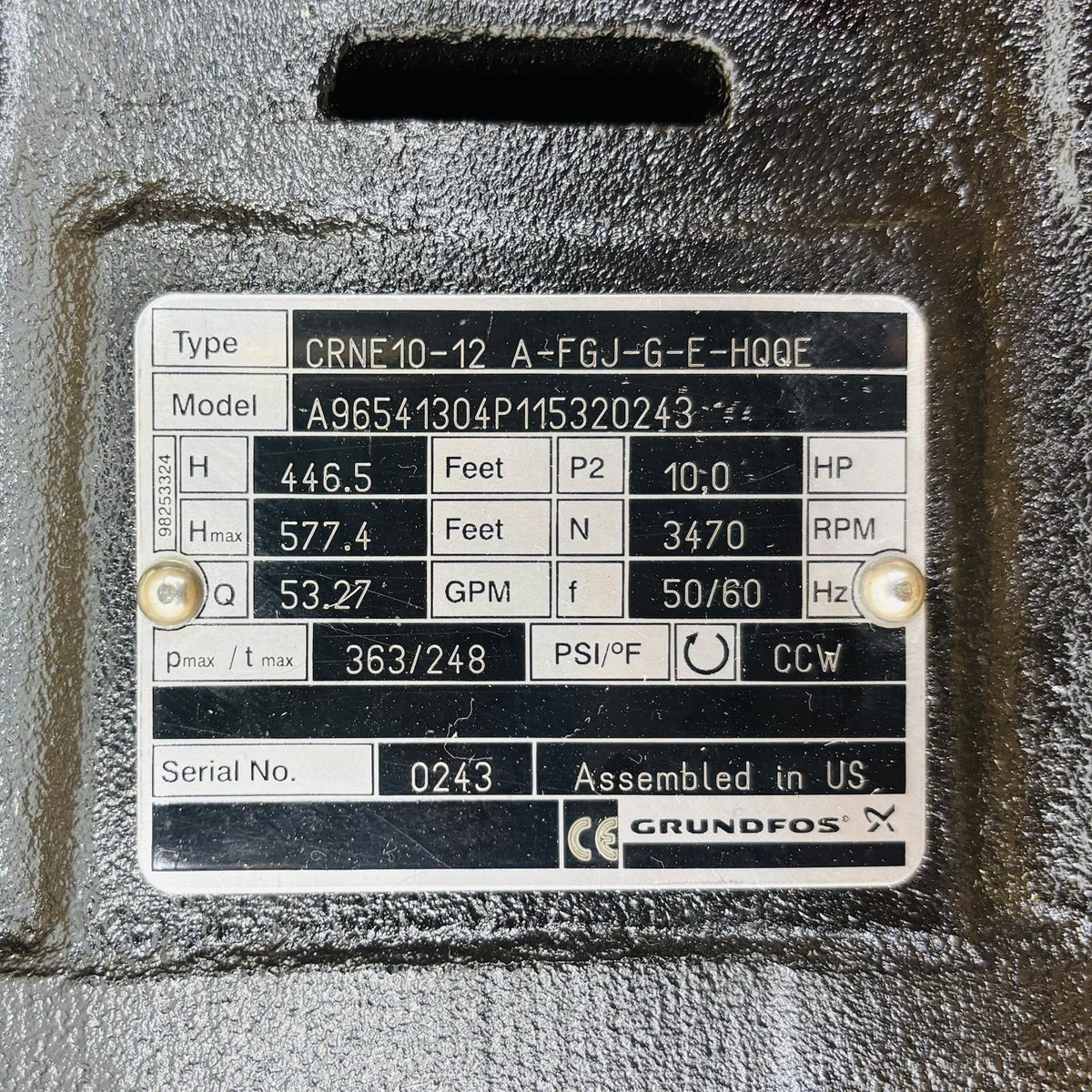 Grundfos CRNE10-12 Multistage Pump equipment nameplate