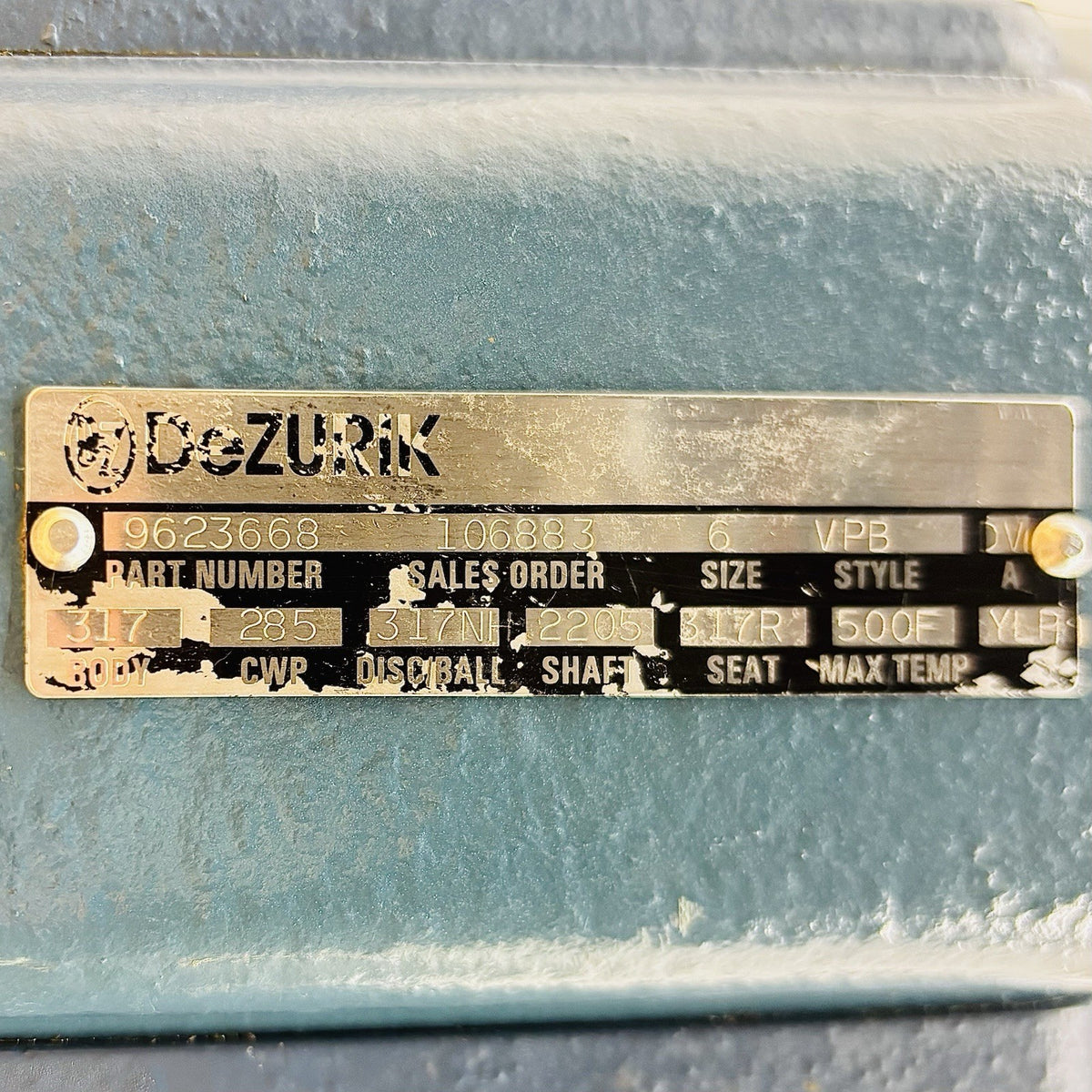 DeZURIK 9623668 6 in nameplate