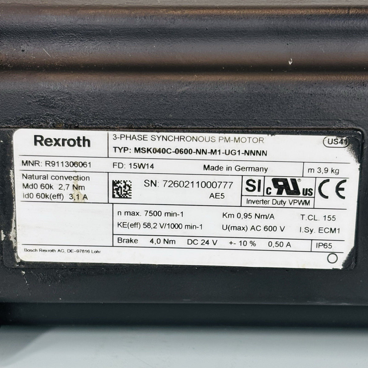 Rexroth MSK040C-0600-NN-M1-UG1-NNNN nameplate