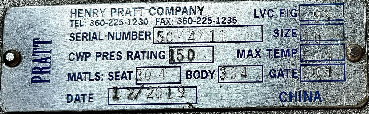 Pratt 10" 150# 10 in nameplate