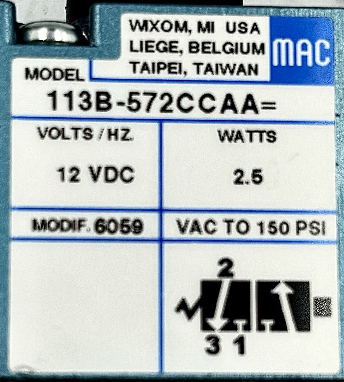 MAC Valves 113B-572CCAA= Solenoid Valve equipment nameplate